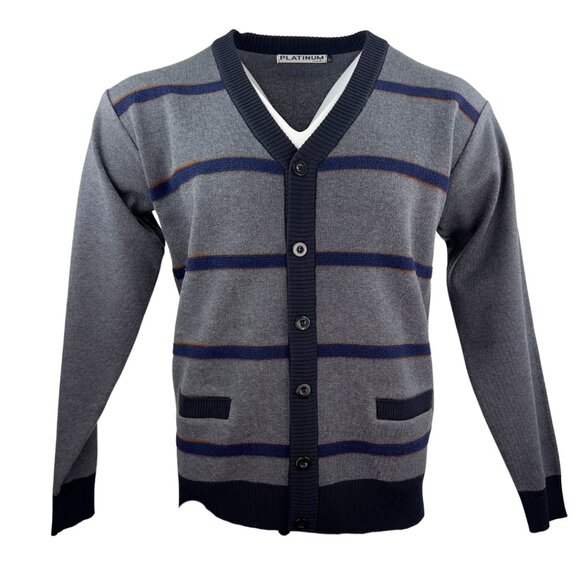 Men’s Grey Cardigan with Raised Navy Stripes - Picture 1 of 7